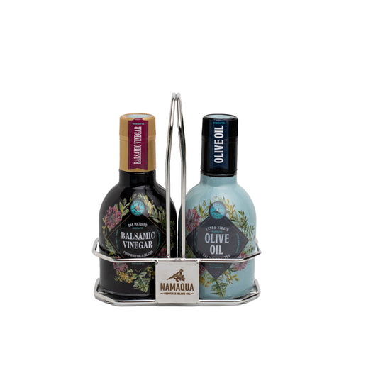 Set van Namaqua olijfolie 250 ML & Balsamico 250 ML + Roestvrij staal 250ML Flessenhouder